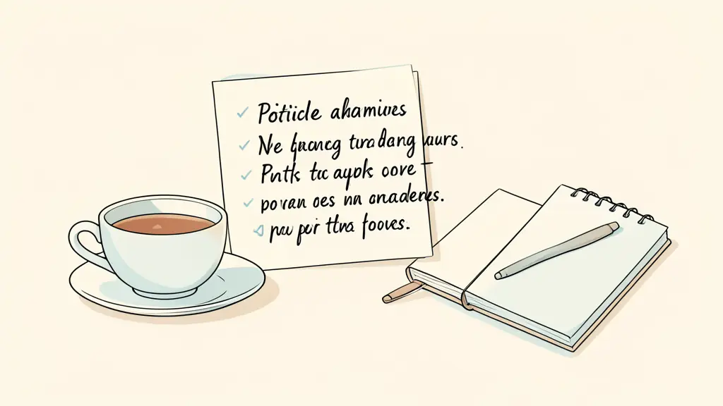 A minimalist workspace in a Parisian apartment, a handwritten list of positive affirmations next to a cup of tea and a notebook, soft natural morning light, editorial style