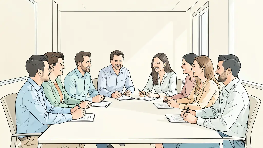 Professional office setting, a diverse group of colleagues collaborating around a table with natural light, focusing on positive facial expressions and active engagement