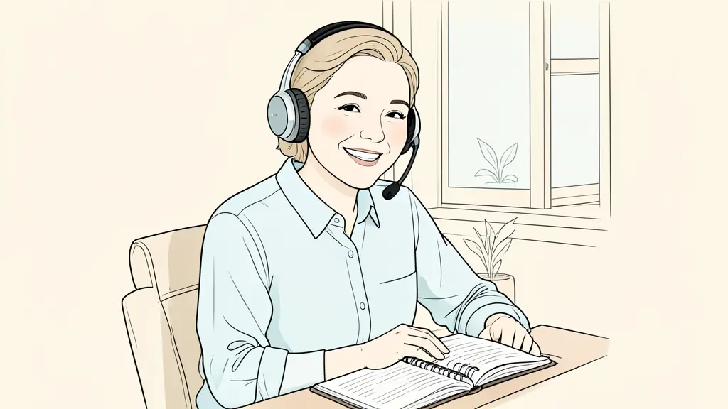 Close-up of a person wearing a headset during a video call, smiling and nodding, with a clean home office background and a notebook open