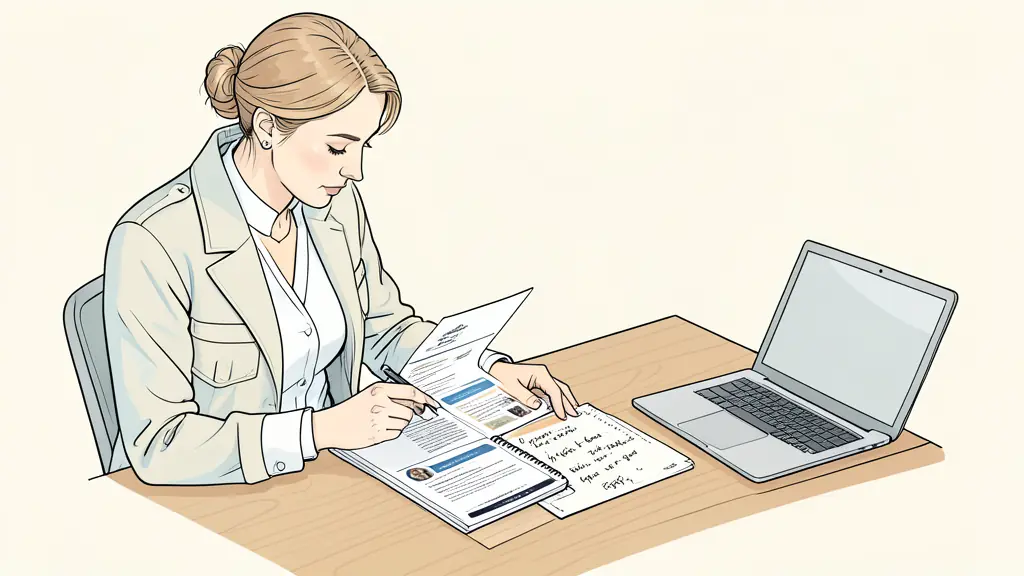 Parisian woman comparing two printed training programs at a wooden desk, notebook with handwritten goals, laptop beside her