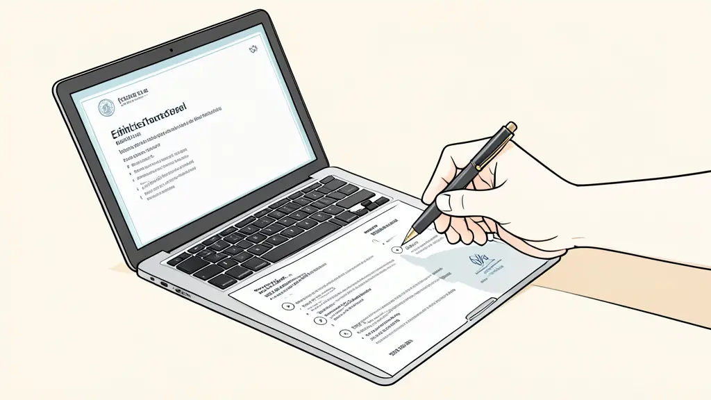 Close-up of official certification records being checked on a laptop, printed ethics charter, pen marking verification points