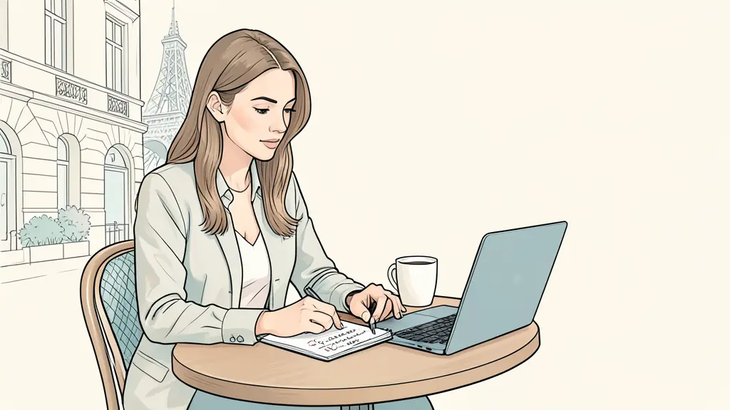 professional woman reviewing career goals in a quiet Paris café, notebook with handwritten checklist, laptop closed beside her