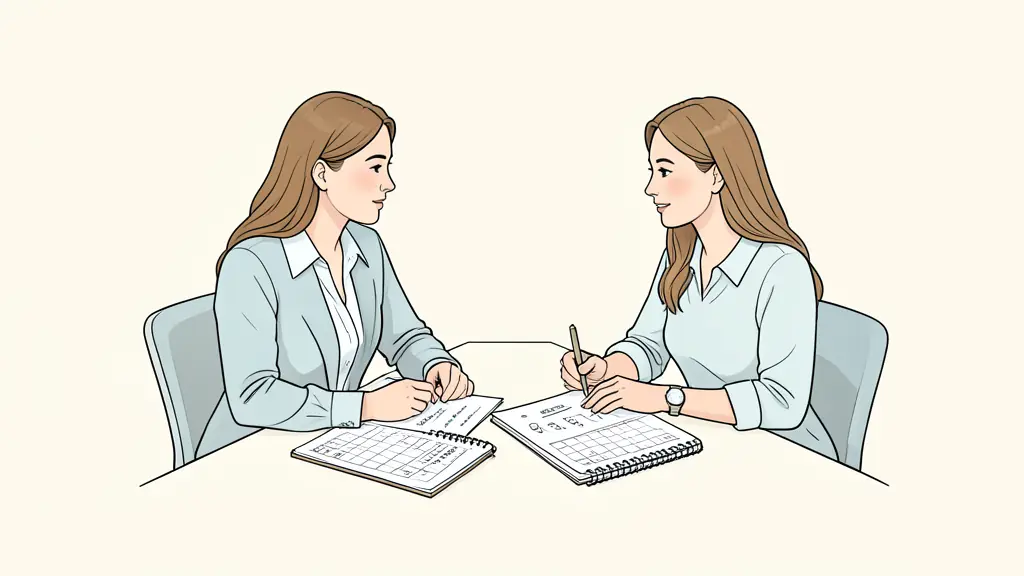 career coaching session in a bright office, two women discussing a written action plan, calendar and notebook on the table