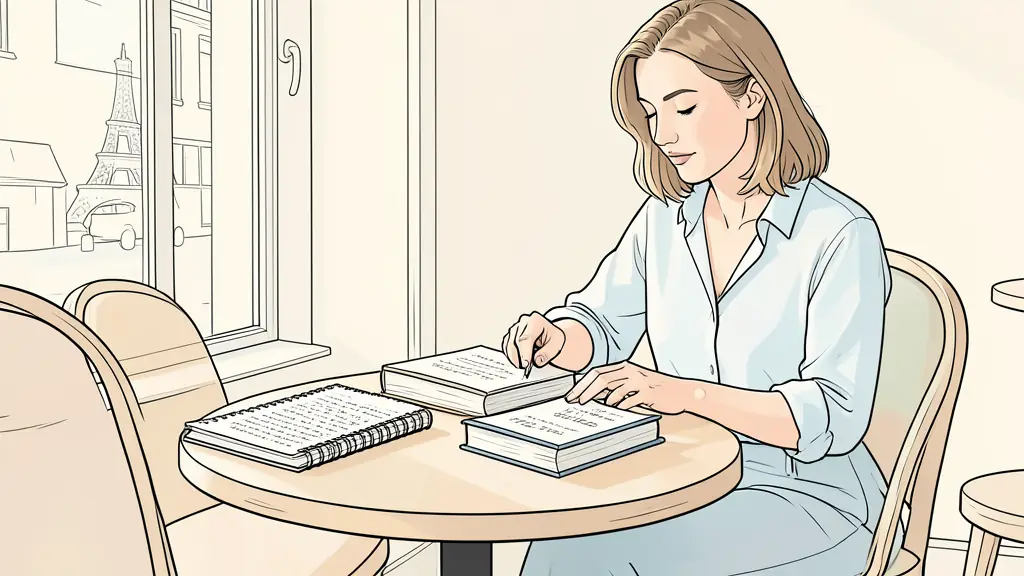 Editorial photograph of a woman sorting three books at a Paris café table, a handwritten reflection notebook, morning window light, no text or logo