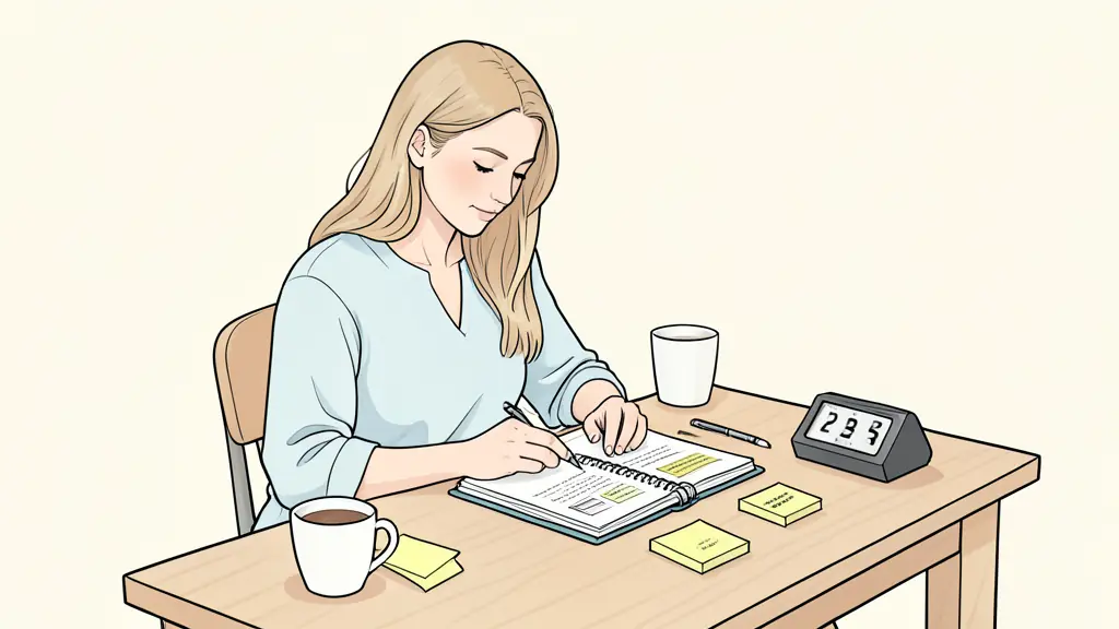 Editorial photograph of a woman completing a seven-day practice notebook at a small desk, a paperback with sticky notes, a cup beside a phone timer, no text or logo