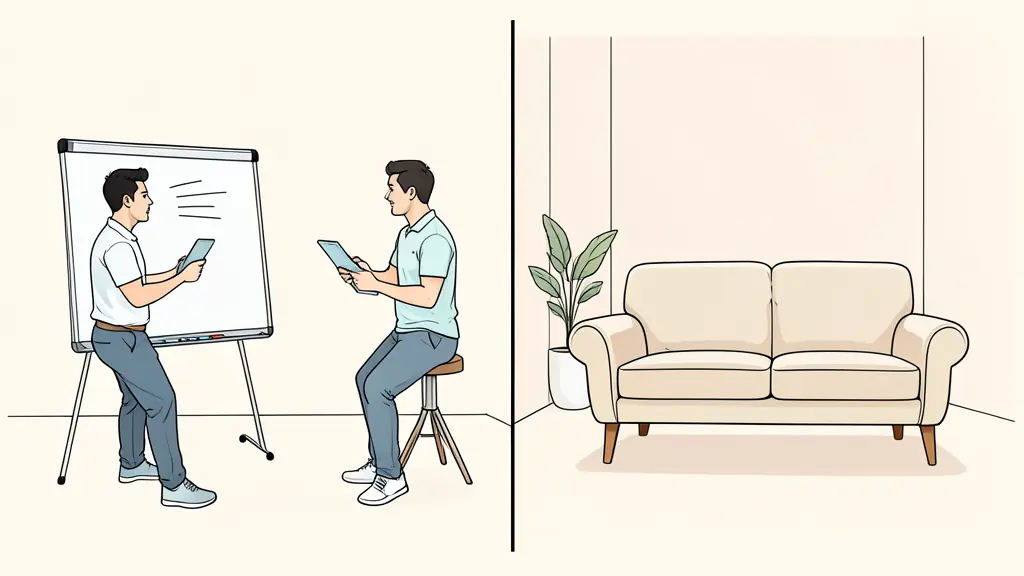 A professional split-screen comparison showing a modern coaching session with a whiteboard and a traditional therapy setting with a comfortable couch, editorial style, clean composition