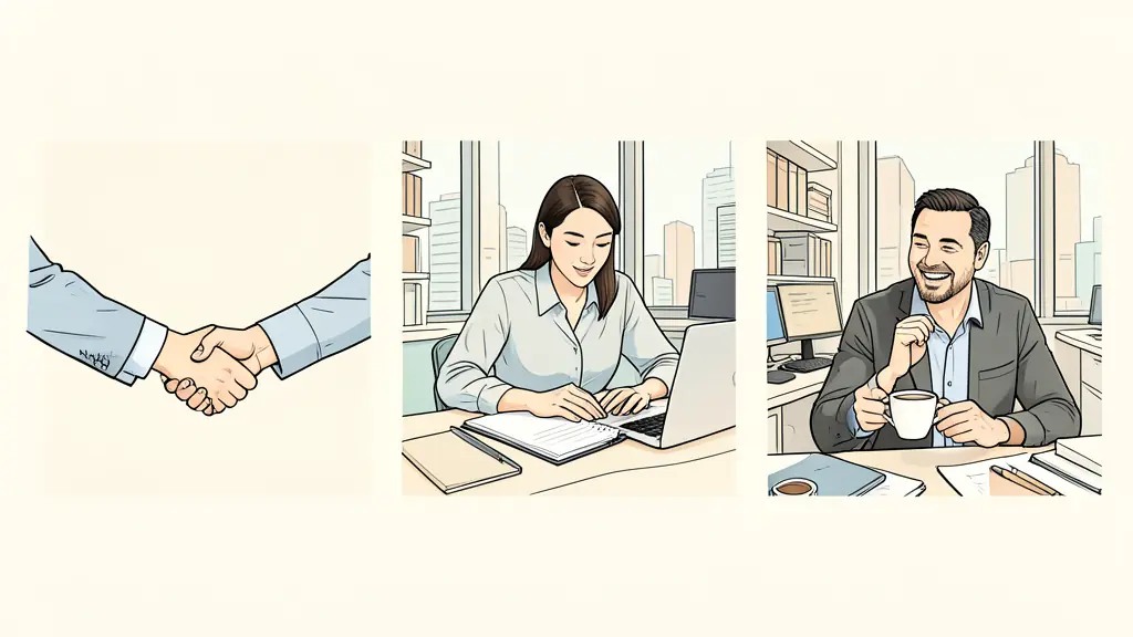 A sequence of three photographs showing a first meeting with a handshake, a focused work session with a notebook and a laptop, and a final celebratory coffee, urban office setting, editorial style