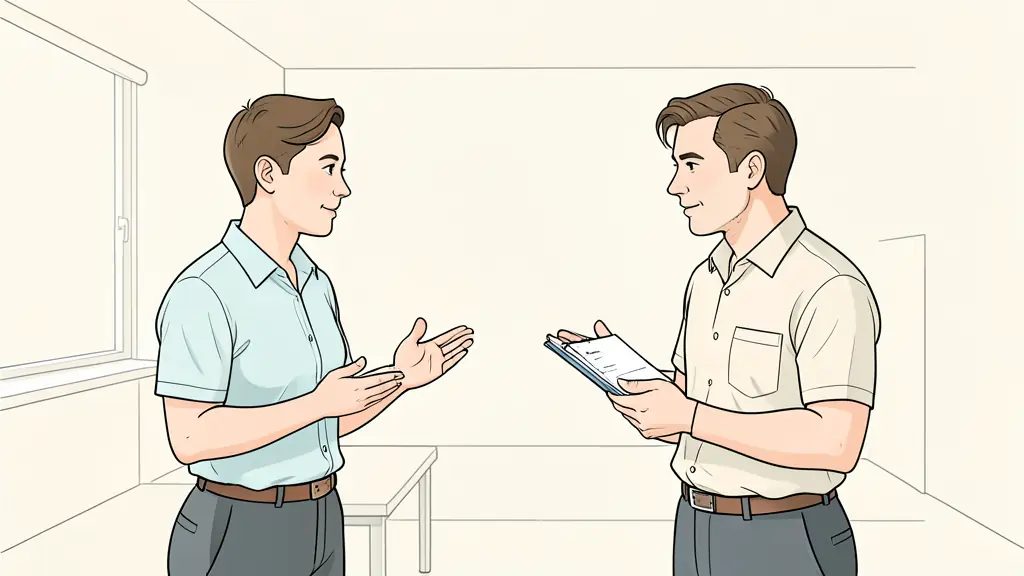 Editorial photograph of two adult coaching trainees practicing face-to-face while a supervisor observes with a feedback notebook, bright professional training room, no text or logo