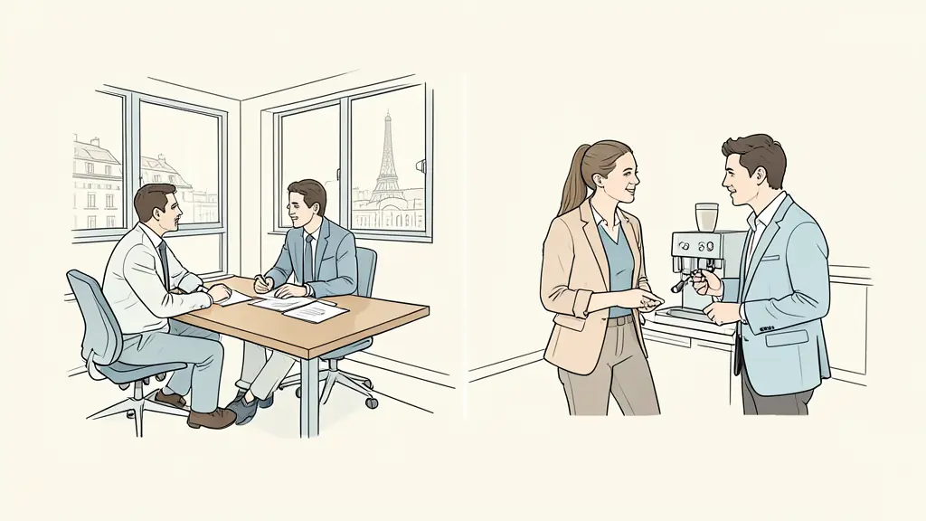 A professional office setting in Paris, showing a clear distinction between a formal HR meeting with documents and a casual, warm interpersonal connection between two colleagues chatting by a coffee machine.