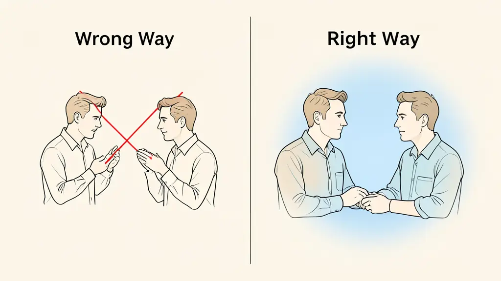 A split-screen conceptual image showing a 'Wrong Way' (two people talking over each other with red tension lines) and a 'Right Way' (two people in a focused, calm conversation with a soft blue glow of understanding).