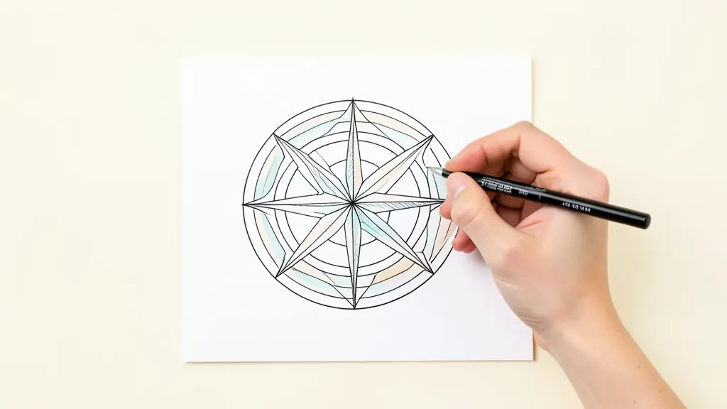 A top-down editorial photograph of a hand drawing a life wheel on a white paper, using a black pen and a ruler, with a minimalist desk background.