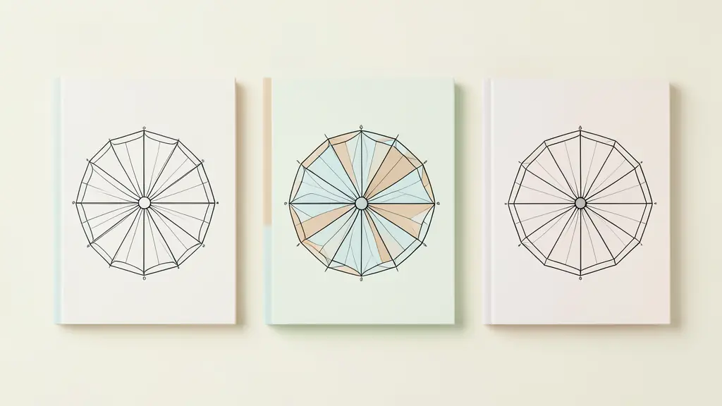 A clean, modern flat lay of three different hand-drawn life wheels on colorful notebooks, side by side, showing different geometric shapes.
