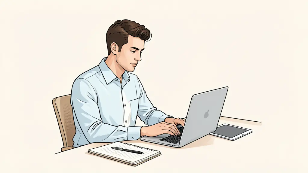 A focused entrepreneur working on a laptop in a bright Parisian office, notebooks and a digital tablet on the desk, professional and serene atmosphere