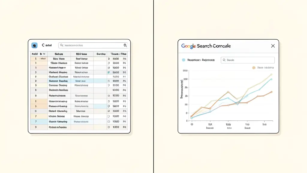 A split screen showing a detailed SEO audit spreadsheet on one side and a Google Search Console performance graph on the other, professional workspace