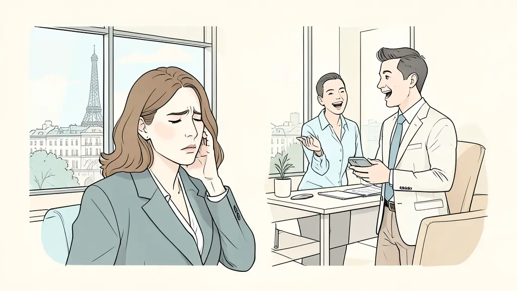 A professional woman in a modern Paris office looking exhausted while a colleague talks animatedly in the background, editorial style, urban setting