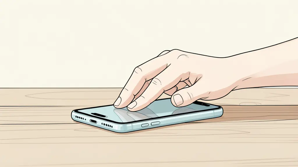Close-up of a woman's hand calmly placing a phone face down on a wooden table, minimalist and peaceful atmosphere, soft natural light