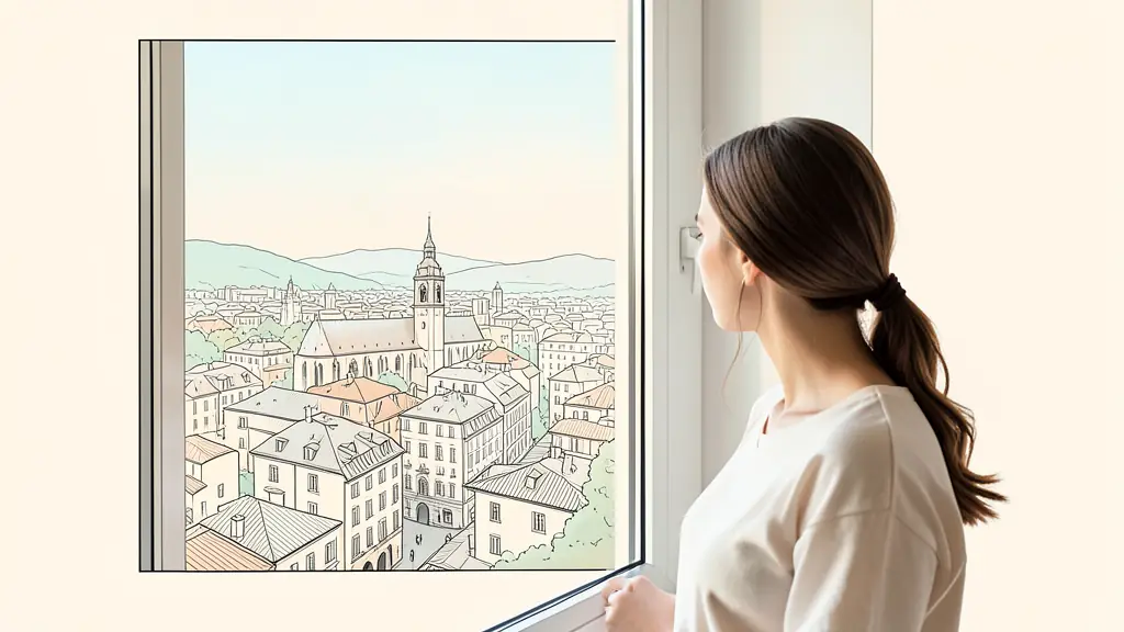 Editorial photography of a reflective woman looking at the city of Lyon from a high window, soft natural morning light, atmosphere of clarity and new beginnings