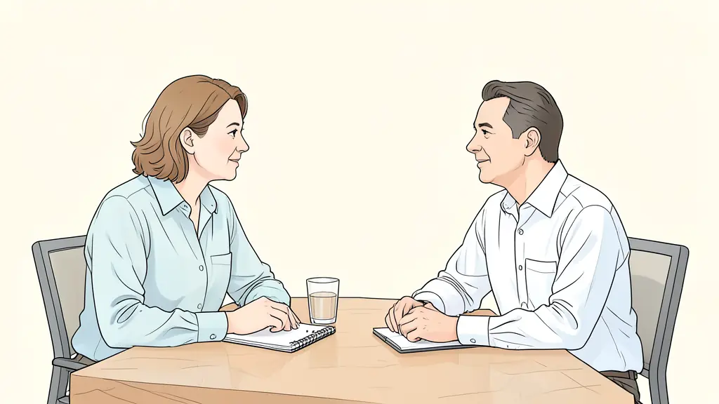Editorial photography of a professional coaching session in a bright Lyon office, focused conversation between two people, notebook and glass of water on a wooden table, minimalist decor